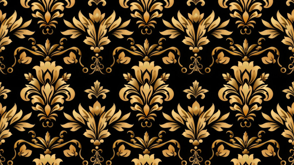 Black and gold damask pattern in upscale restaurant interior