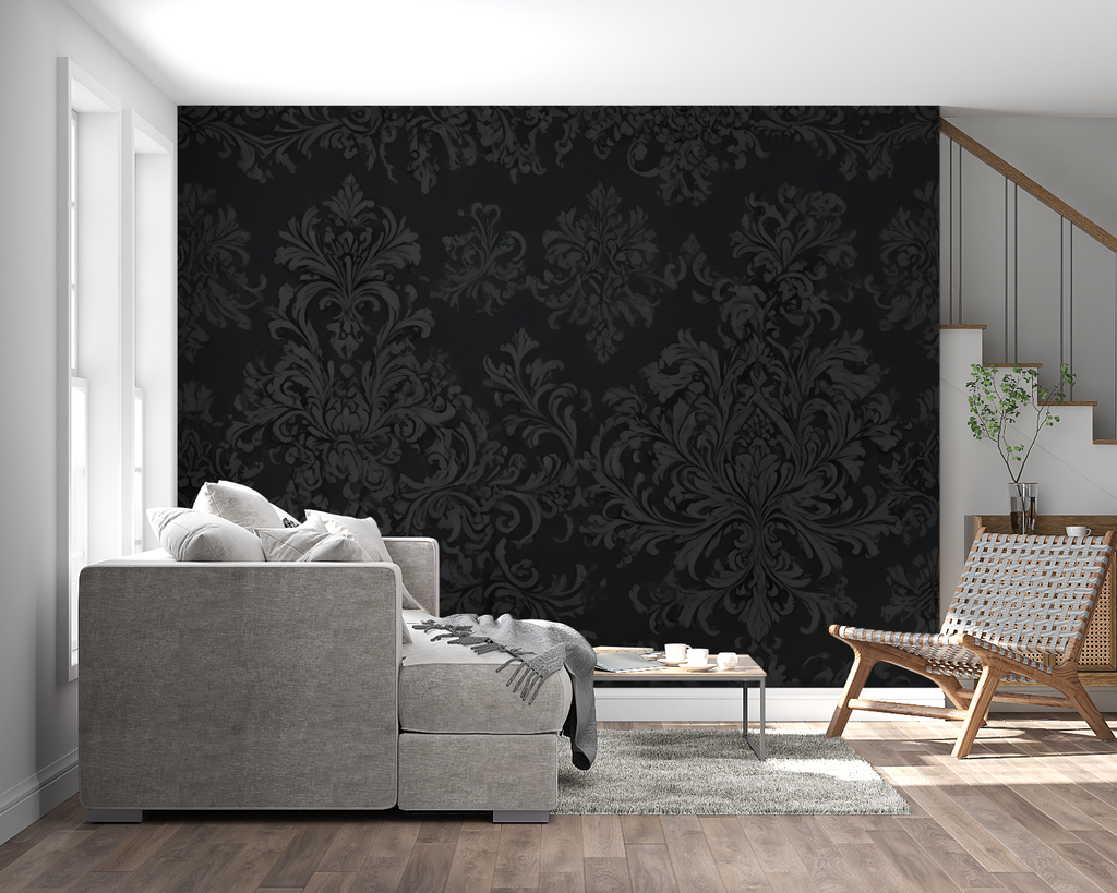 Baroque pattern wallpaper in luxury hotel lobby with modern furniture