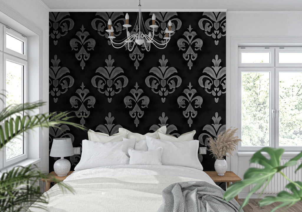 Classic damask wall mural in master bedroom with luxury bedding and silver accents