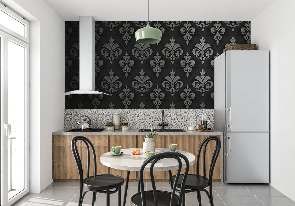 Silver damask wall mural in hallway with mirror and contemporary lighting fixtures
