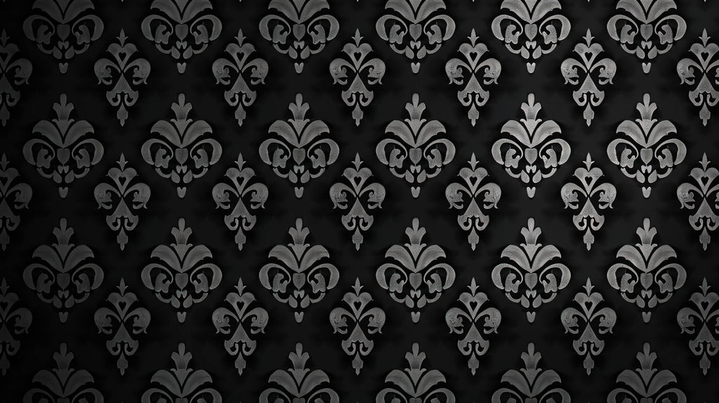 Design file of black and silver damask pattern showing intricate floral motifs and metallic details