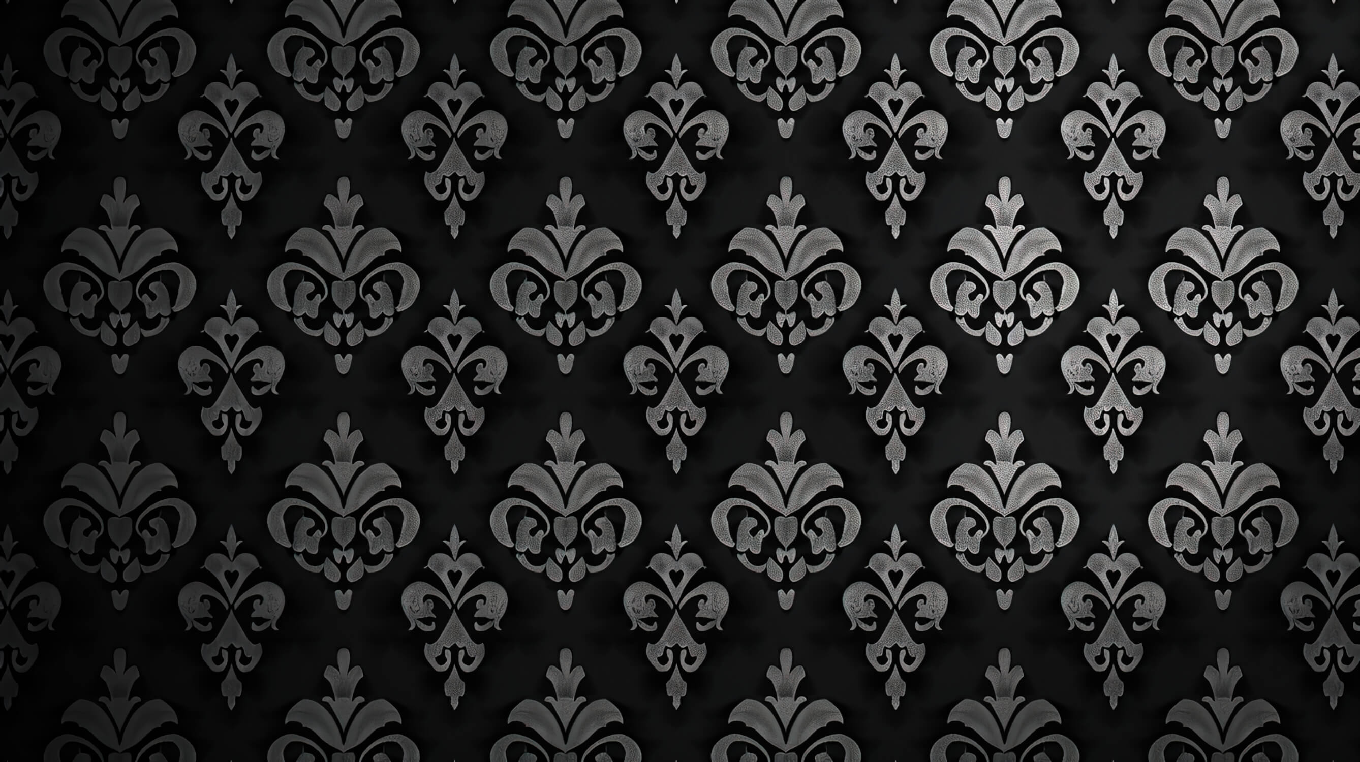 Design file of black and silver damask pattern showing intricate floral motifs and metallic details