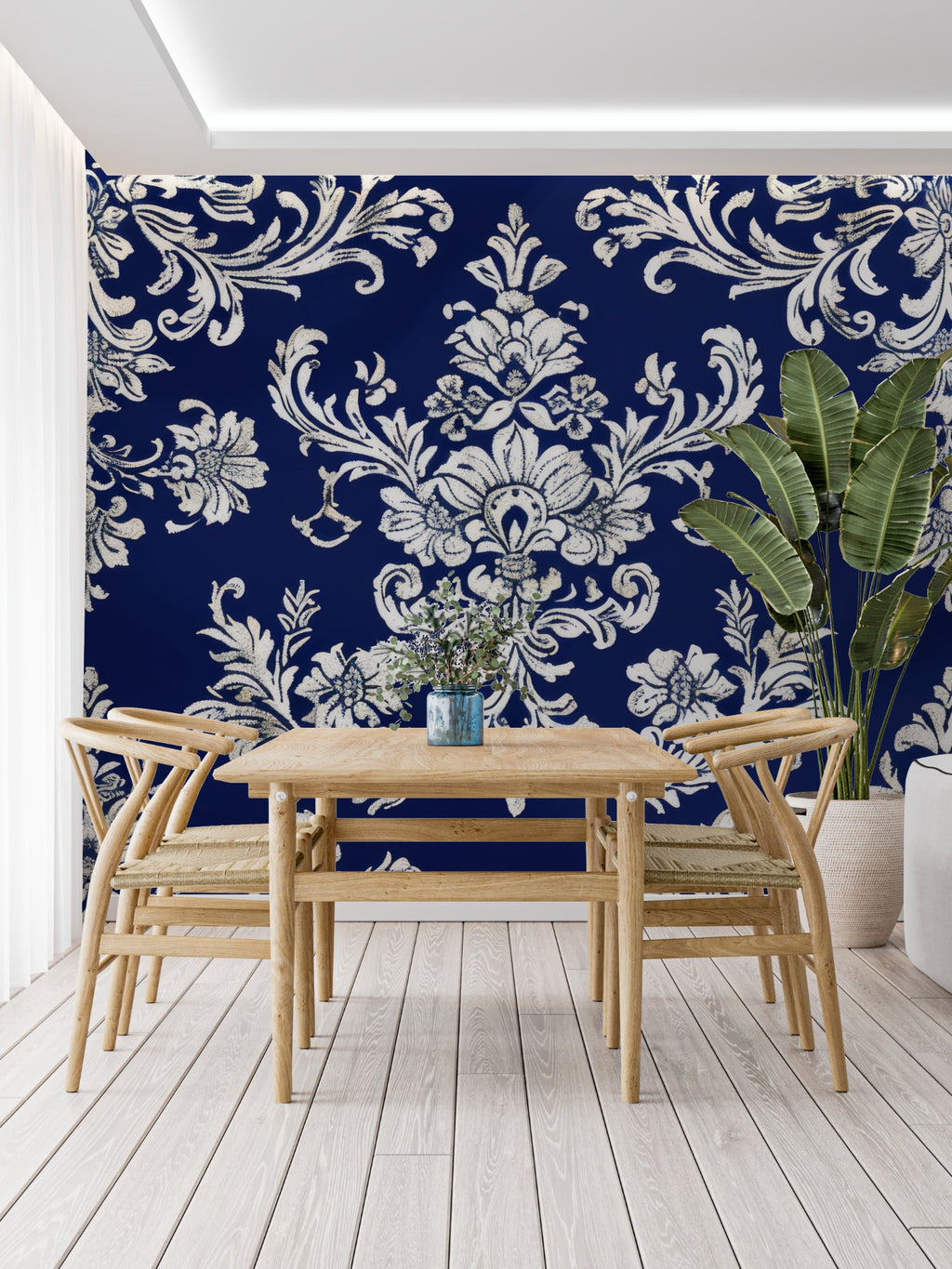 Baroque pattern wall mural adding sophistication to a master bedroom
