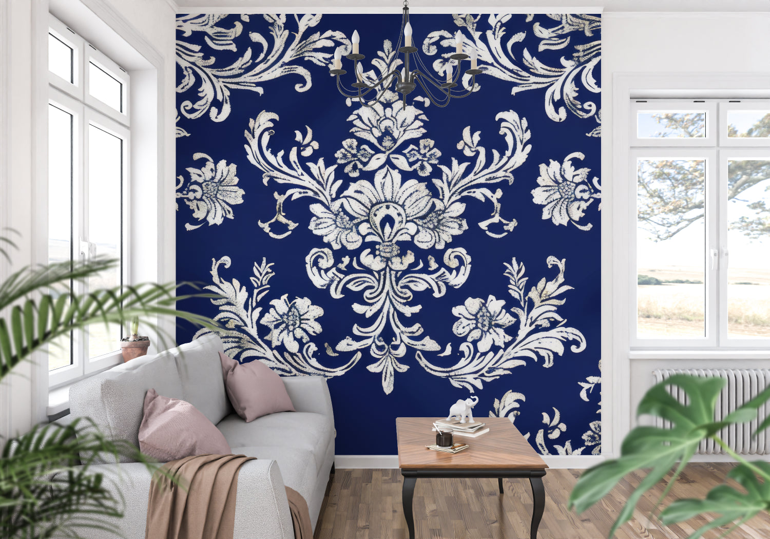 Classic damask wallpaper design showcased in a formal dining room
