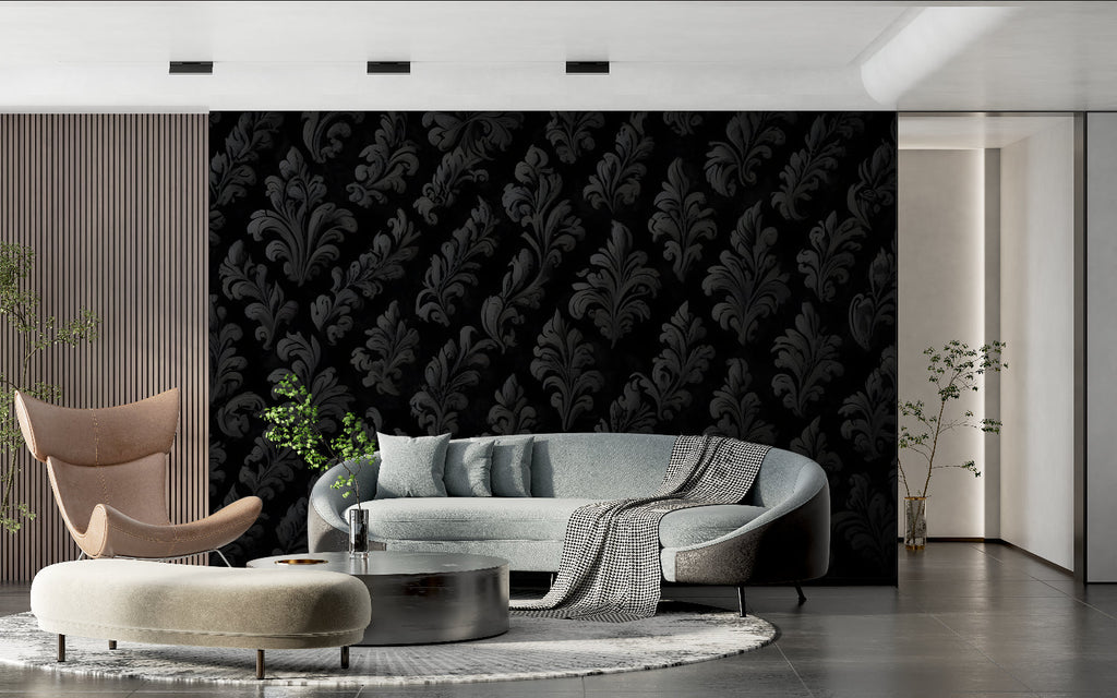 Classic damask pattern mural in dining room with crystal chandelier and dark wood furniture