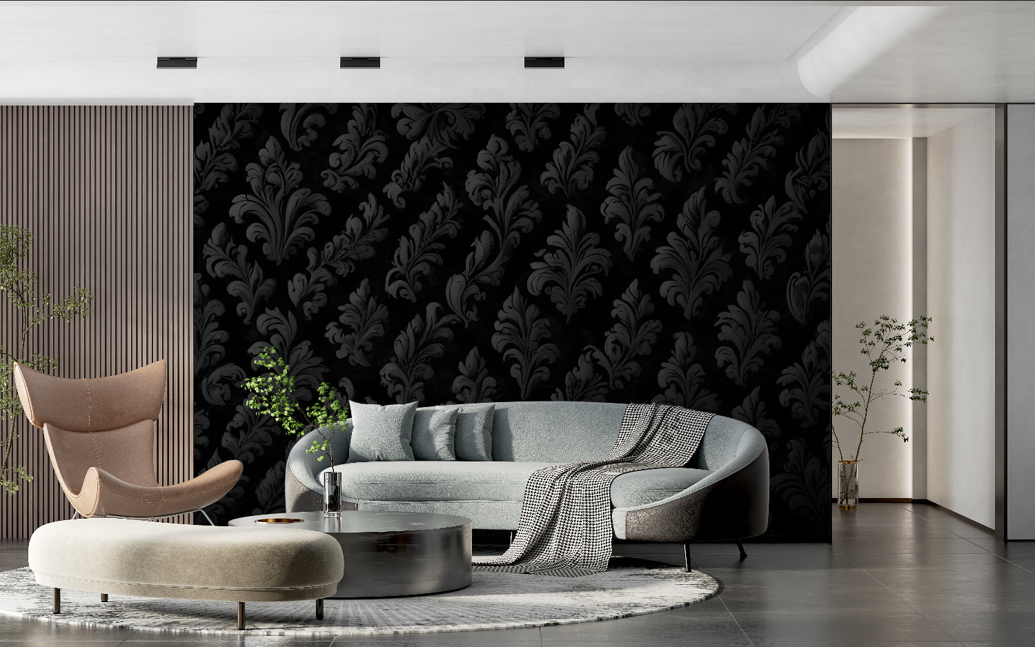 Classic damask pattern mural in dining room with crystal chandelier and dark wood furniture