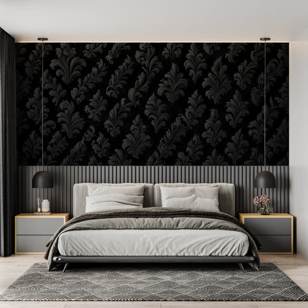 Home office featuring black damask wallpaper with modern minimalist desk setup