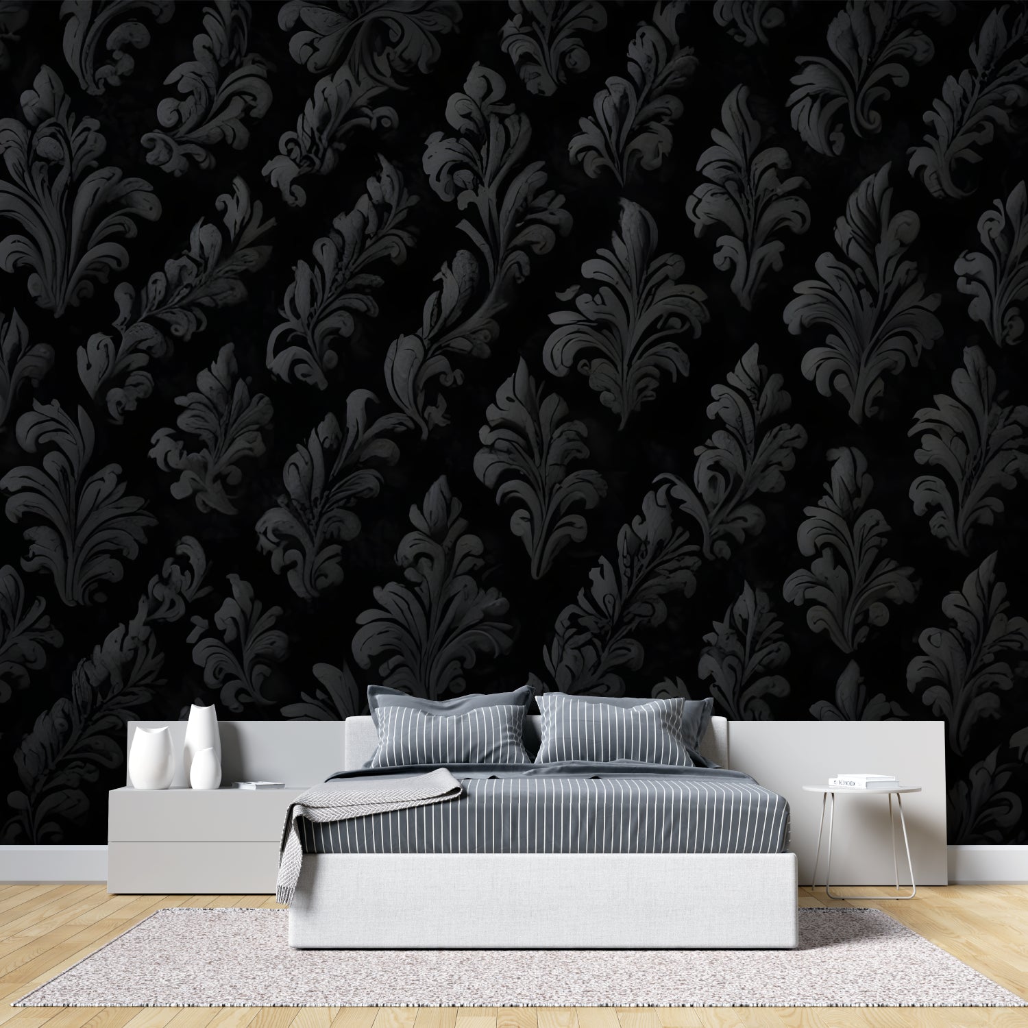 Elegant entryway with black damask pattern wallpaper and gold-framed mirror