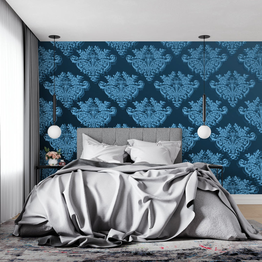 Damask wall mural showcased in an entryway with high ceilings