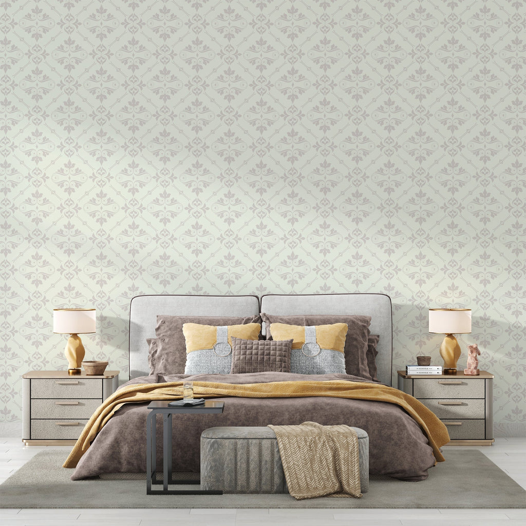 Grey damask wallpaper in an elegant living room setting with modern furniture and soft lighting