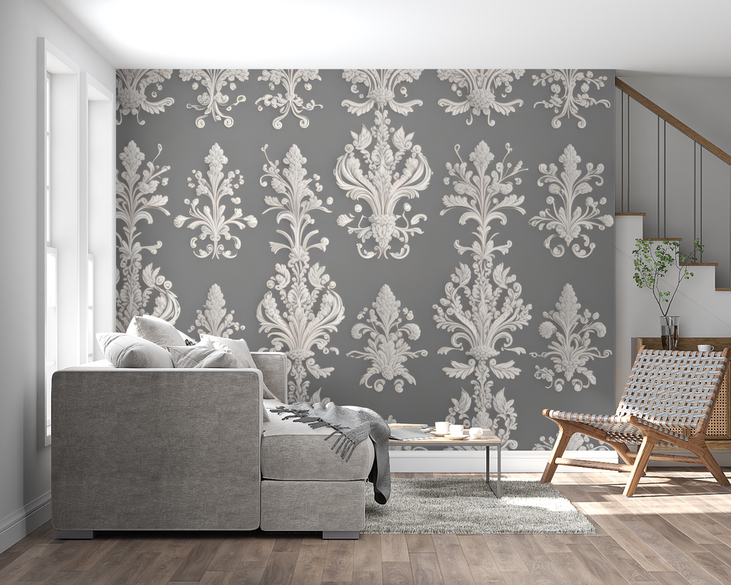 Damask wall mural showcasing pattern detail in hallway setting
