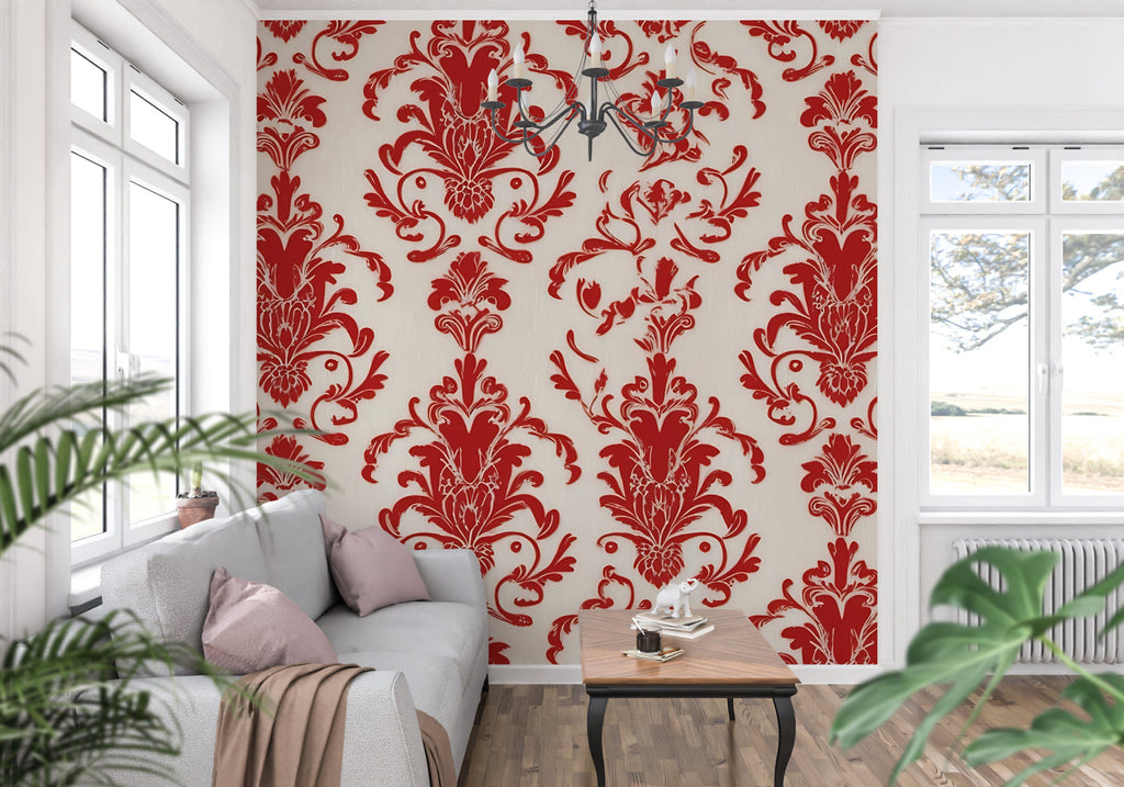 Baroque red and white damask wallpaper in formal living room with gold accents