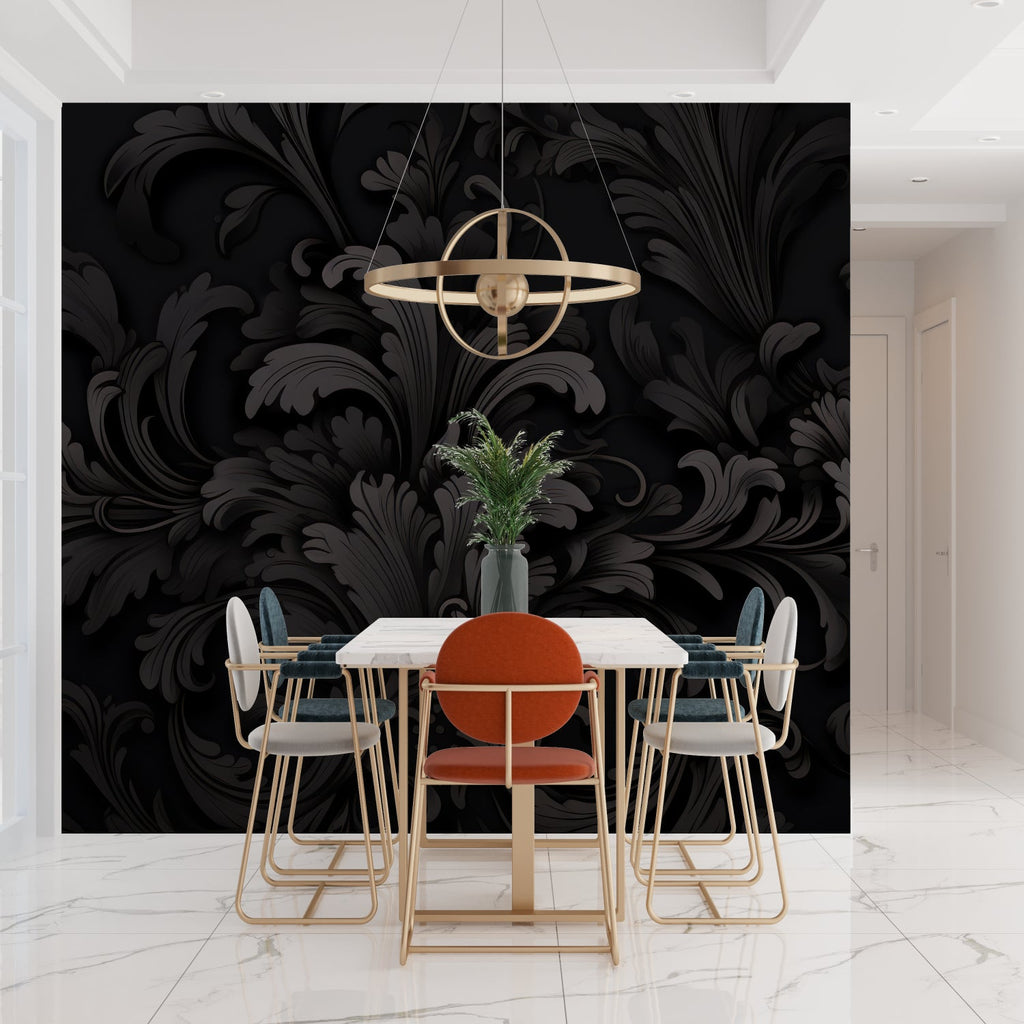 Black damask wallpaper creating elegant atmosphere in modern living room with gray sofa and brass accents