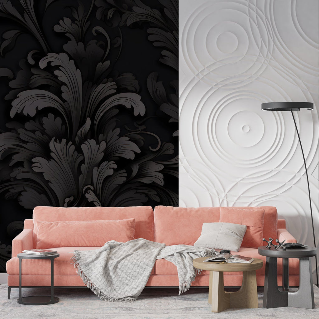 Elegant damask pattern enhancing home office with leather chair and brass desk lamp