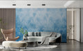 Blue damask wallpaper mural in modern living room with contemporary furniture