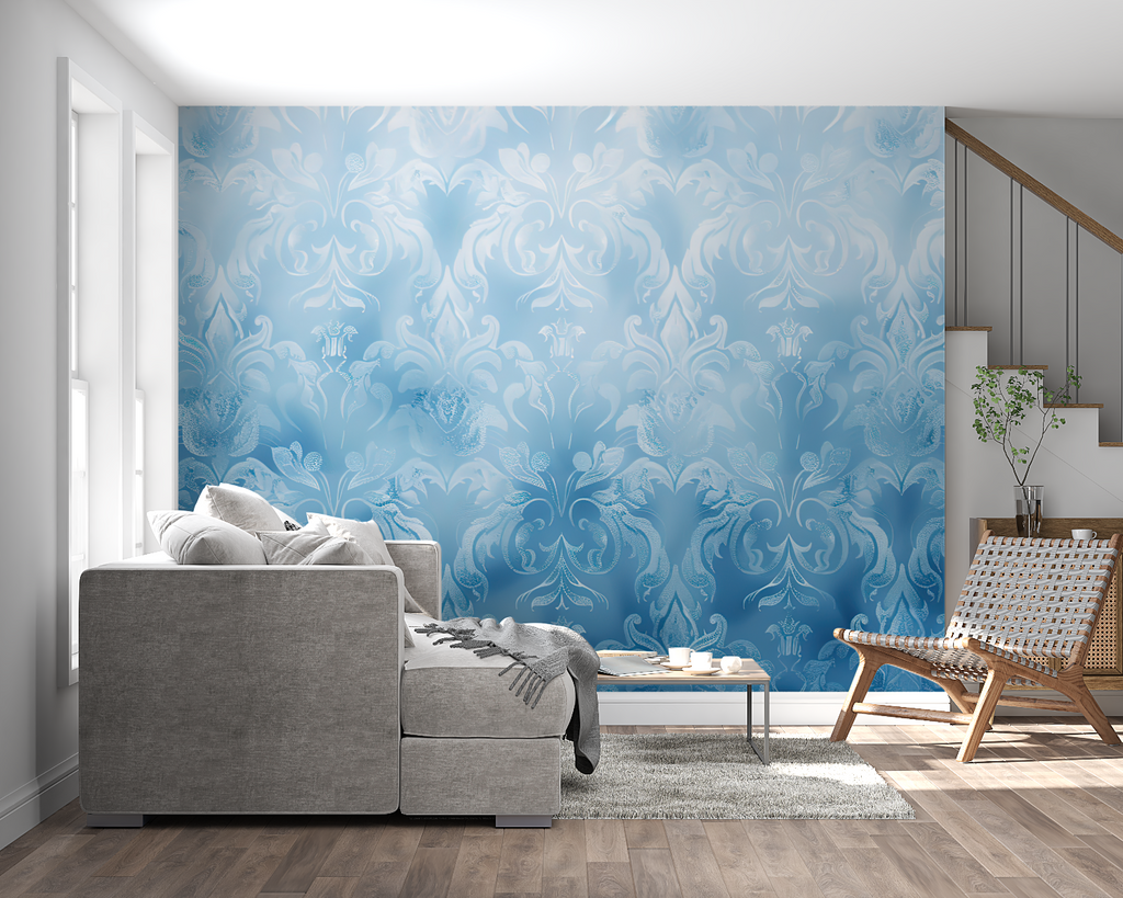 Elegant blue damask wall mural in master bedroom setting