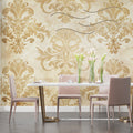 Gold Damask wallpaper bringing elegance to a modern living room with high ceilings and contemporary furniture