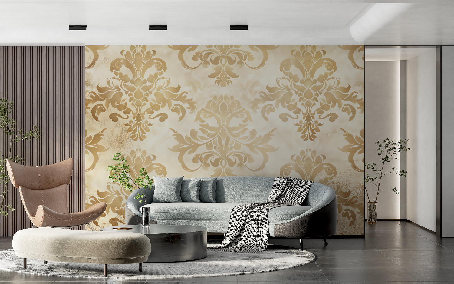Baroque-style gold damask mural creating luxury atmosphere in a master bedroom with crystal chandelier