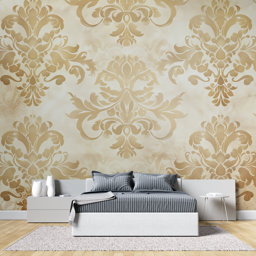 Damask wallpaper creating a grand entrance in a foyer with marble flooring and mirror accent