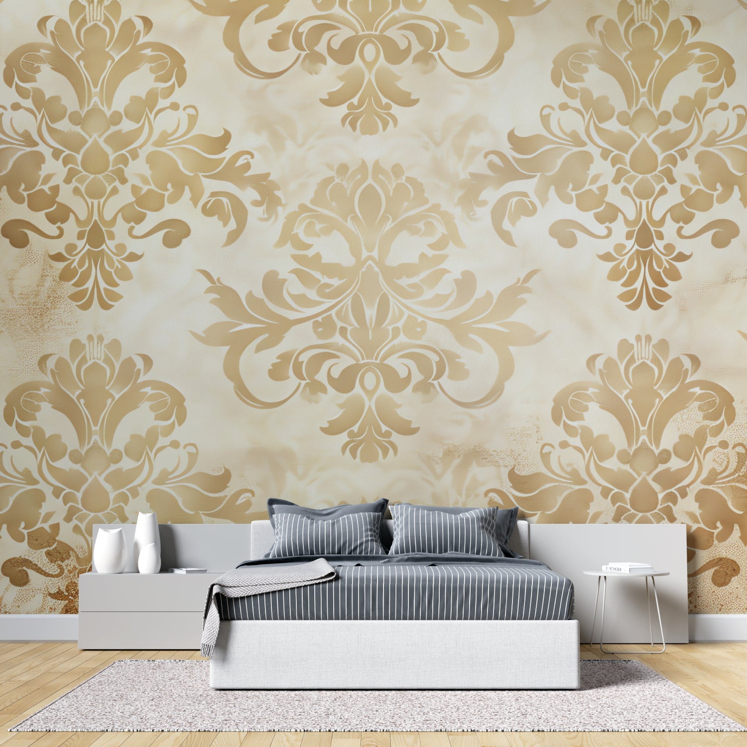 Damask wallpaper creating a grand entrance in a foyer with marble flooring and mirror accent