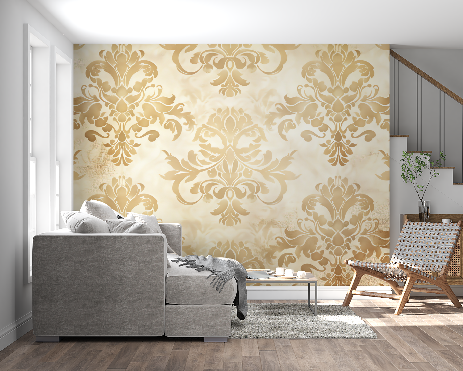 Gold Damask wallpaper in a bright dining room, showing how the pattern catches natural light