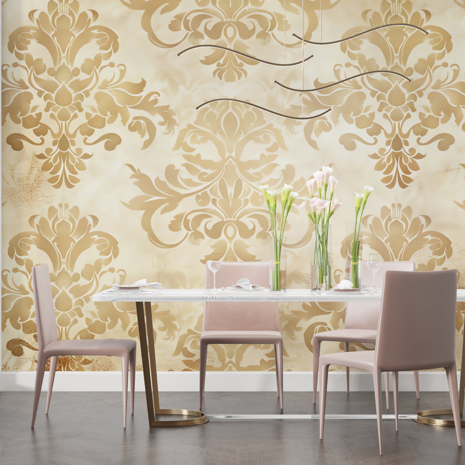 Gold and beige damask wallpaper bringing warmth to a living room setting