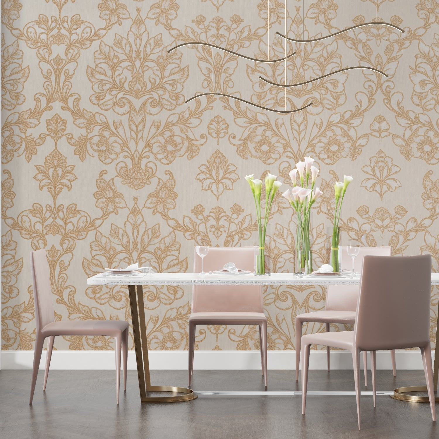 Gold Baroque wallpaper in modern living room with grey sofa and natural light