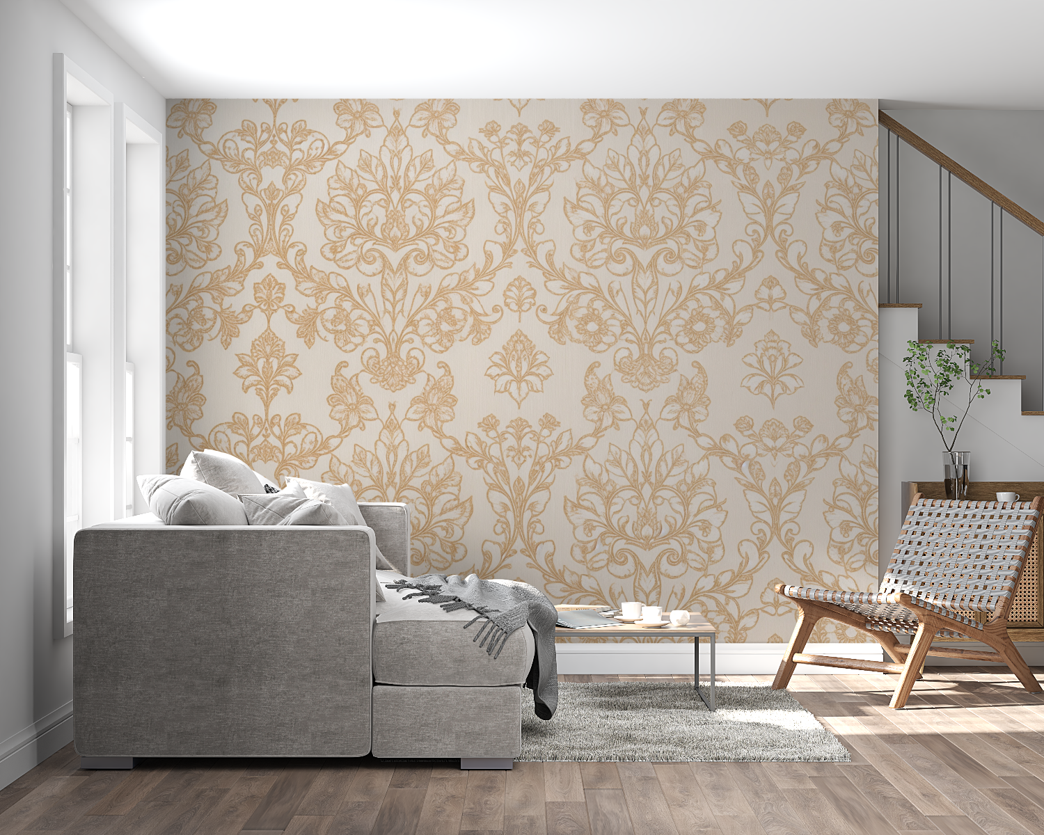 Gold baroque pattern wallpaper in dining room with crystal chandelier