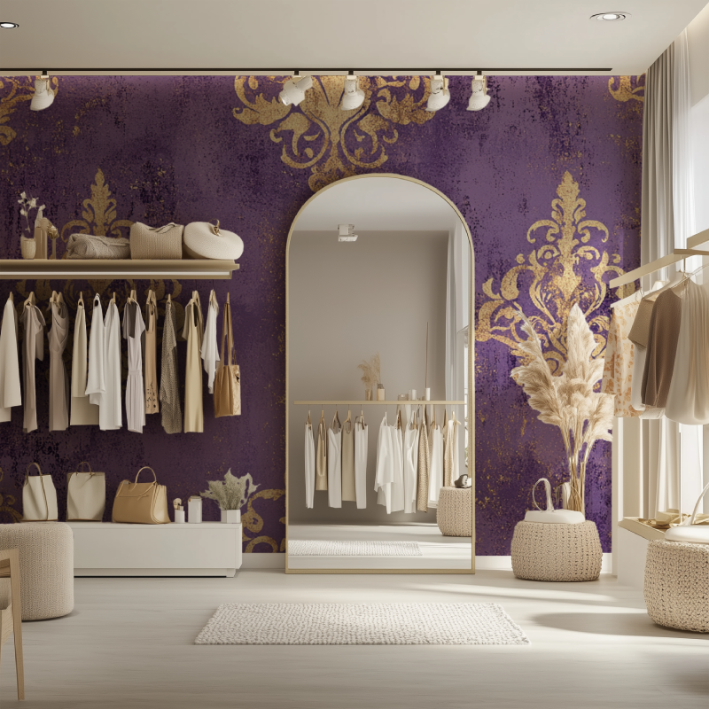 Purple and gold damask wallpaper in elegant dining room with crystal chandelier