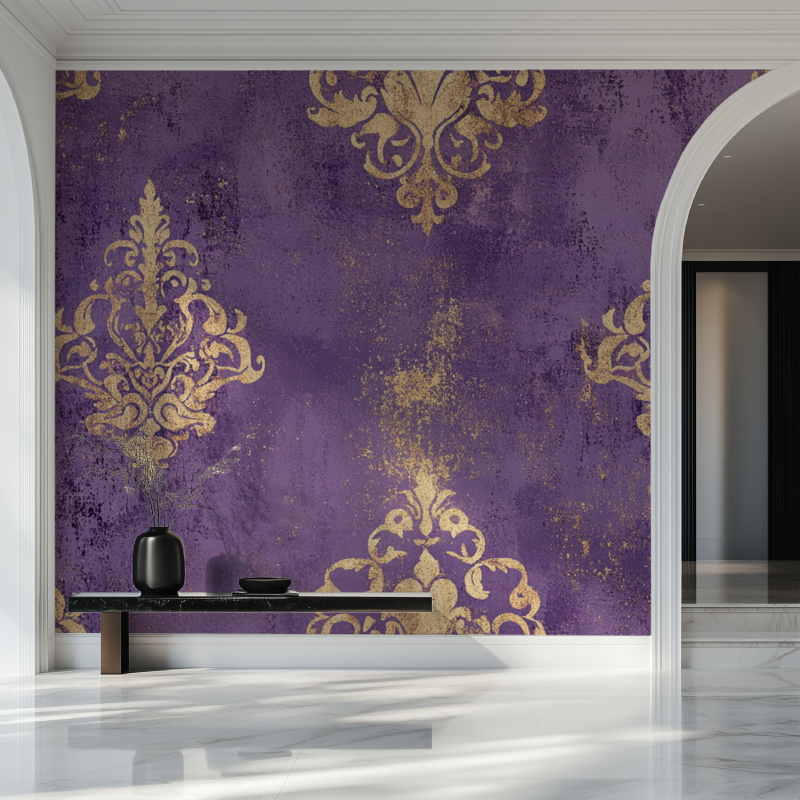 Luxury damask wall mural in master bedroom with gold accents