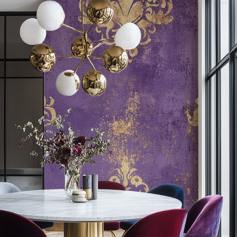 Victorian-style living room featuring purple damask wallpaper
