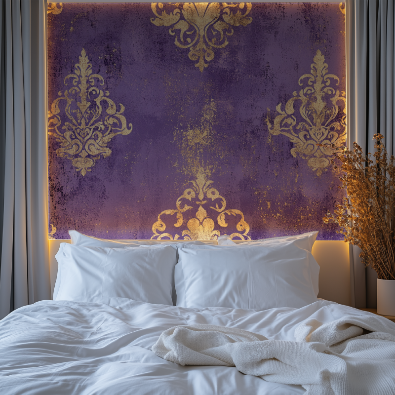 Baroque pattern wallpaper in home office with antique furniture