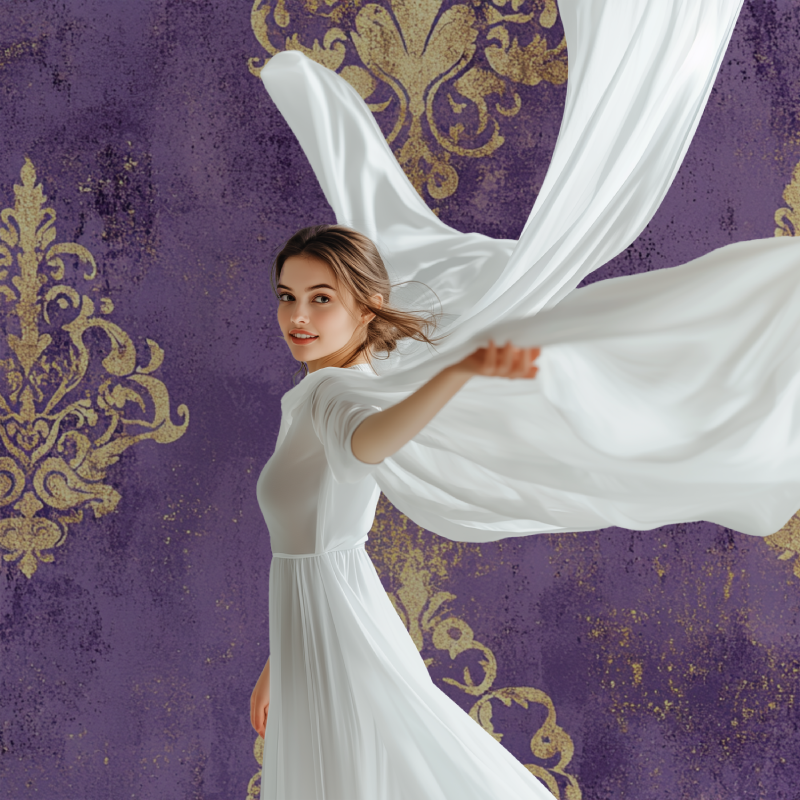 Purple and gold damask mural in boutique entryway