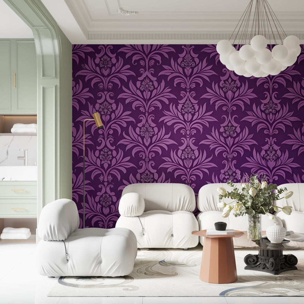 Purple Victorian damask wallpaper in elegant dining room with crystal chandelier