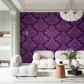 Purple Victorian damask wallpaper in elegant dining room with crystal chandelier