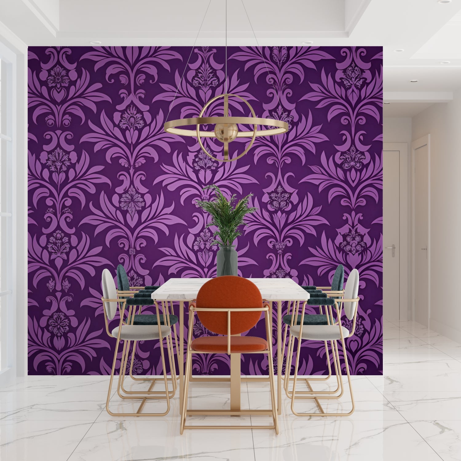 Royal purple damask wall mural in master bedroom with luxury furniture