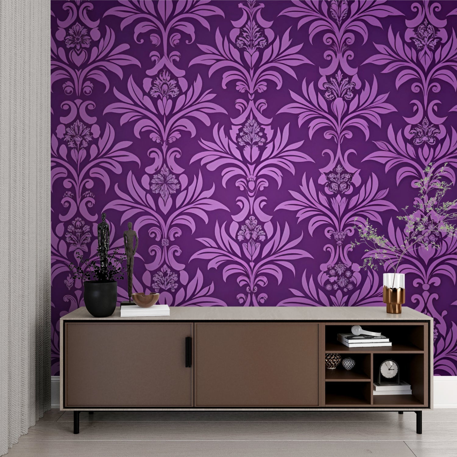 Victorian damask wallpaper adding depth to living room accent wall