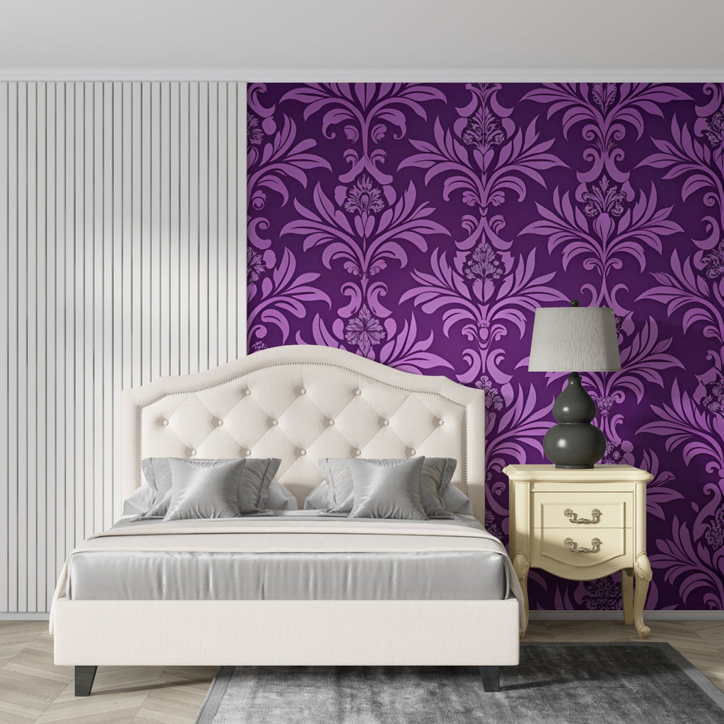 Purple baroque pattern wallpaper in home office with antique desk