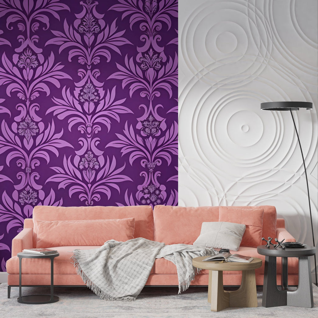 Damask wall mural creating luxury feel in boutique entrance