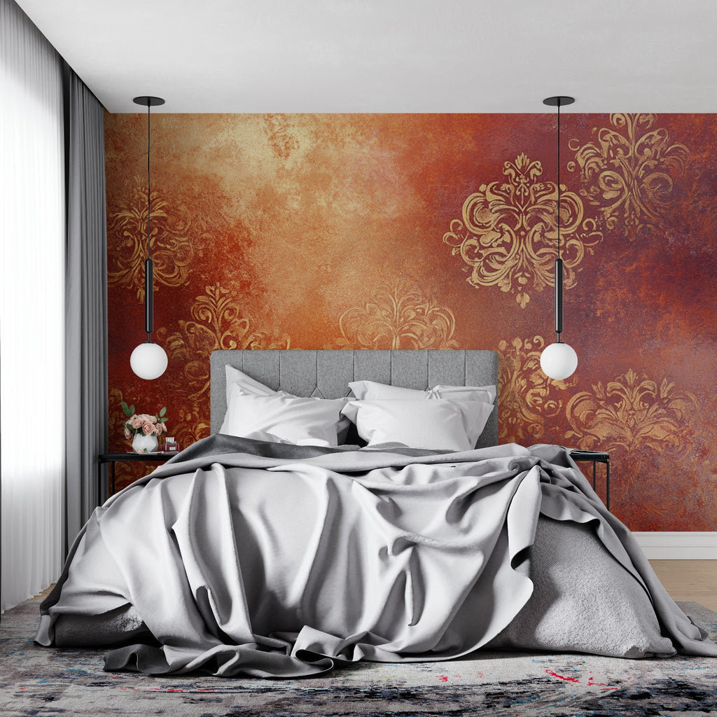 Baroque wallpaper pattern enhancing an entryway with warm golden tones