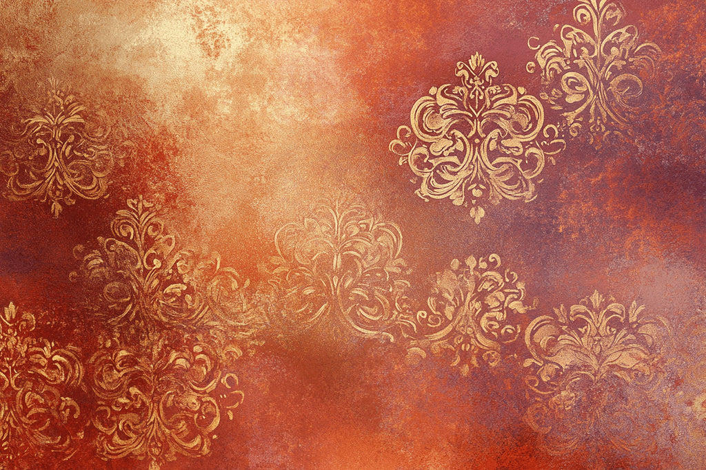 Design file showing intricate damask pattern in terracotta and gold color scheme