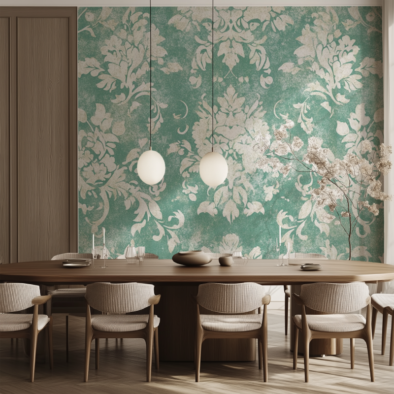Damask pattern wallpaper making statement in modern living room