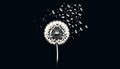 Black and white dandelion wallpaper creating drama in a modern dining room with minimalist furniture