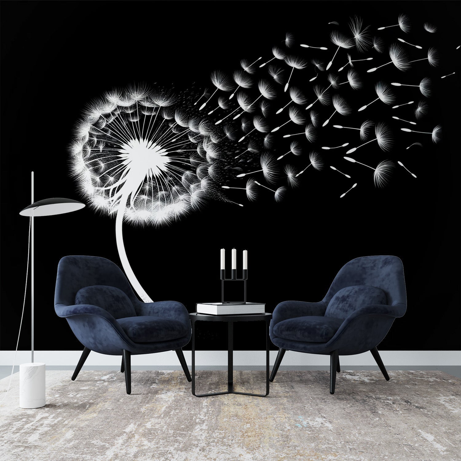 Black and white dandelion wallpaper creating dramatic impact in modern living room with grey sofa and minimal decor