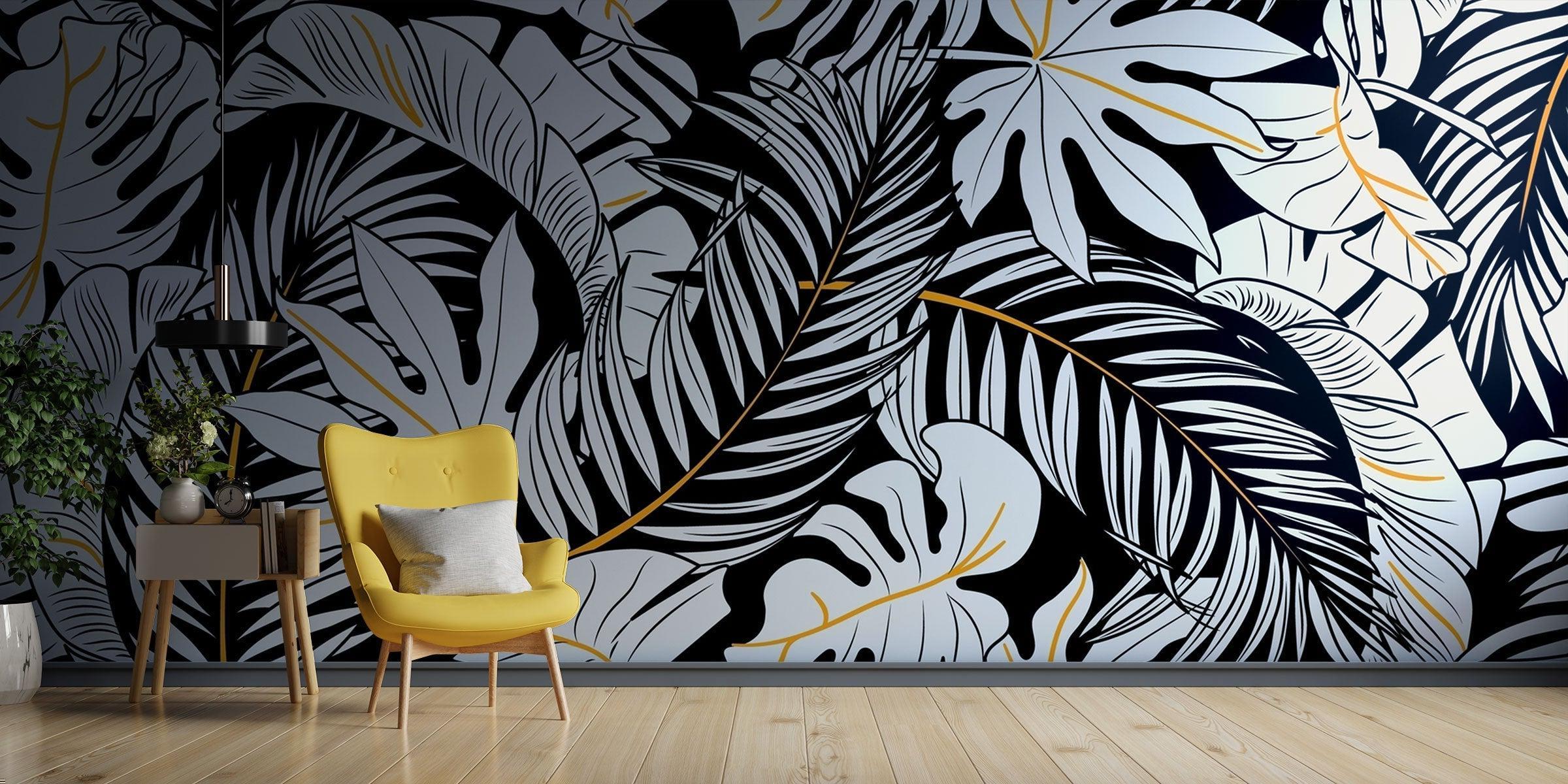 Tropical Mural Wallpaper | Black and White Monstera with Gold Accents