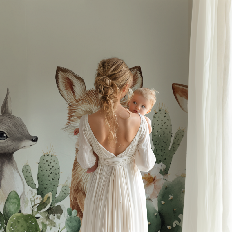 Desert animals wallpaper creating a cozy atmosphere in a modern nursery with natural light