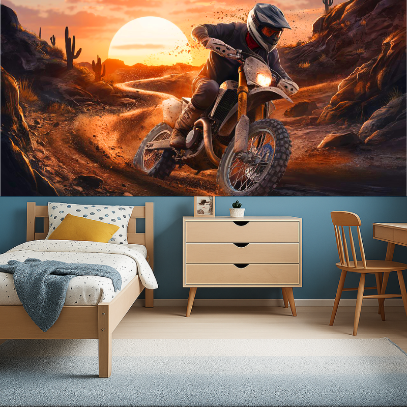 Desert racing wallpaper displayed in man cave with warm sunset colors