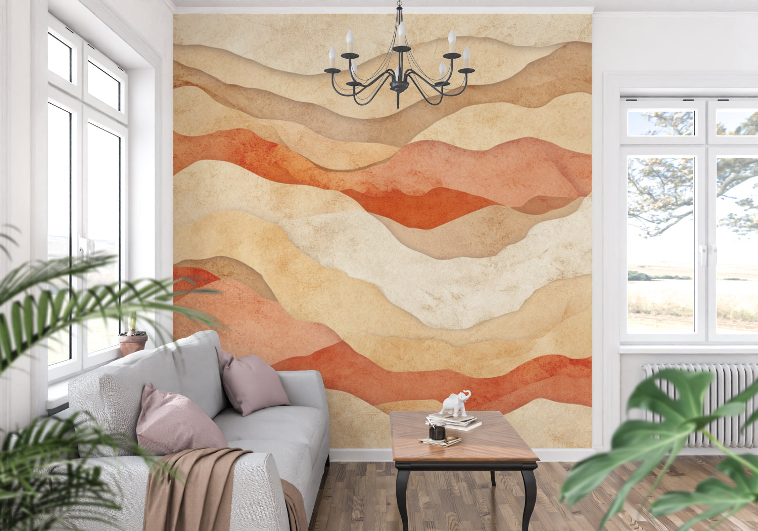 Abstract desert mural in cozy bedroom creating warm, peaceful atmosphere