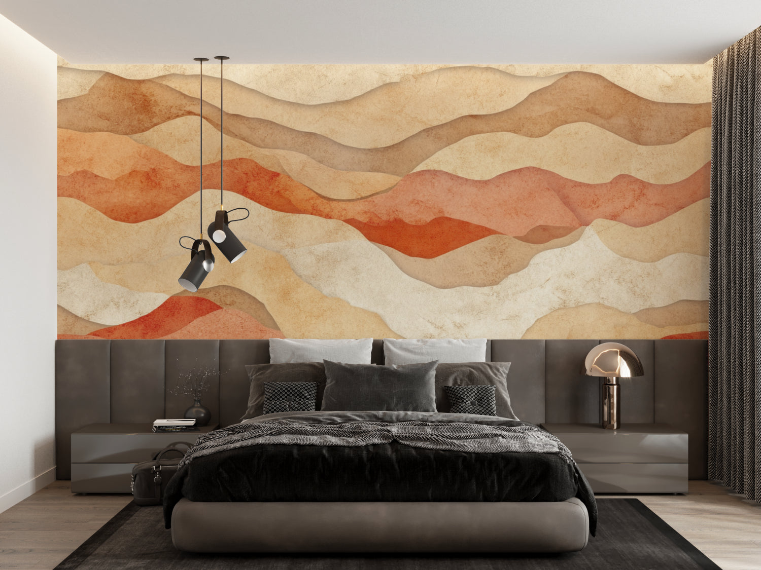 Terracotta waves wallpaper in home office with contemporary furniture