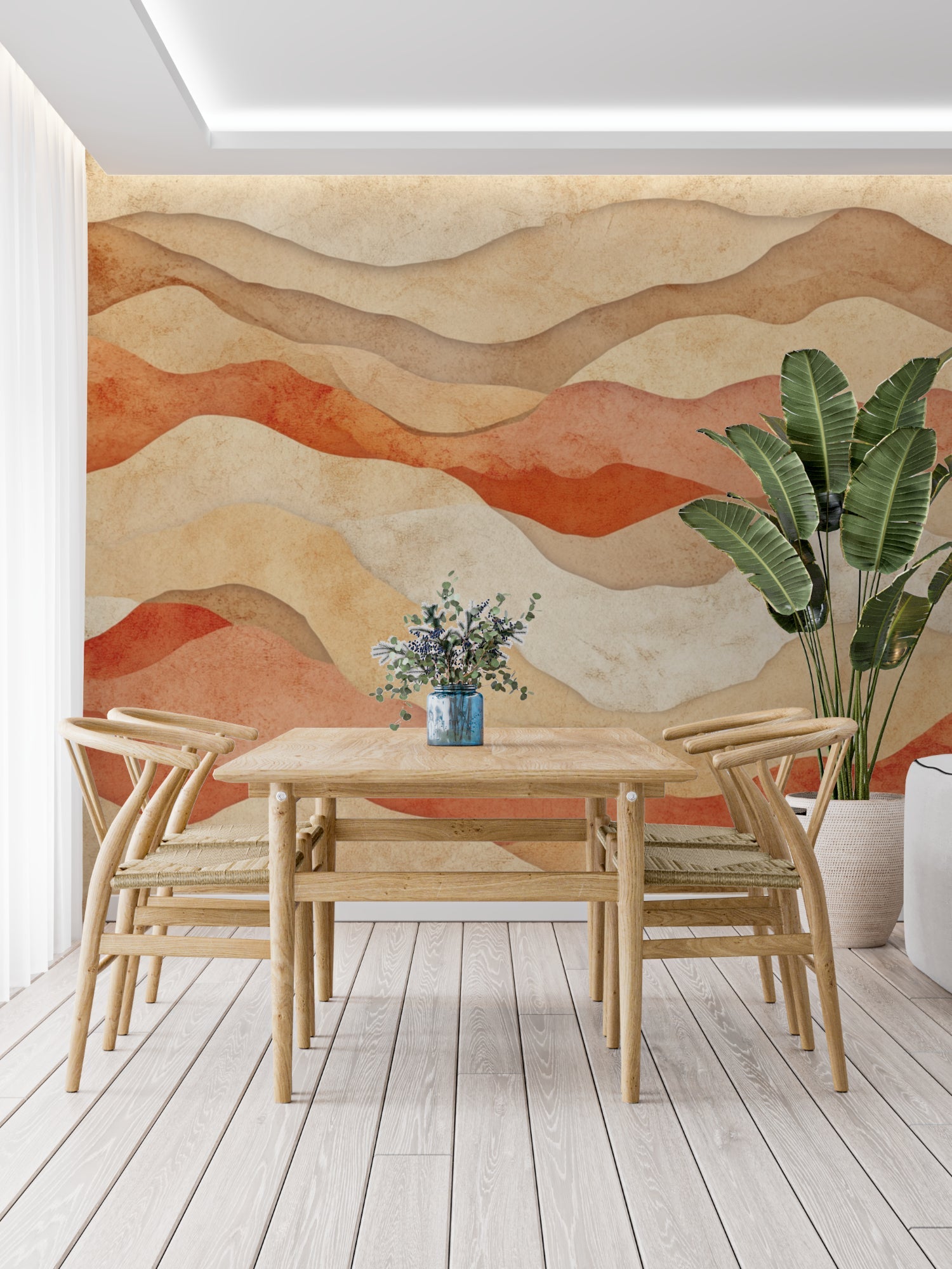 Desert landscape wallpaper showcased in dining room with earth tone decor